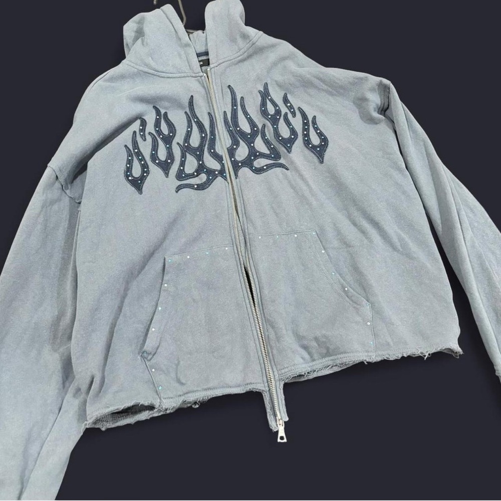 Blue Flame With Rhinestones Oversized Cropped Hoodie